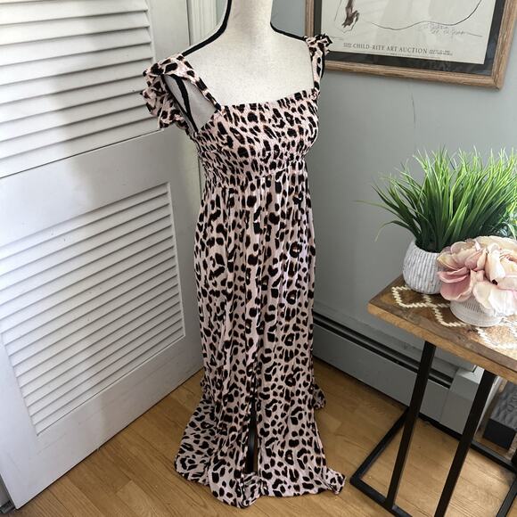 TIARE HAWAII Womens Dress One Size Cheetah Print Maxi Smocked Summer Boho Beach - Picture 3 of 11